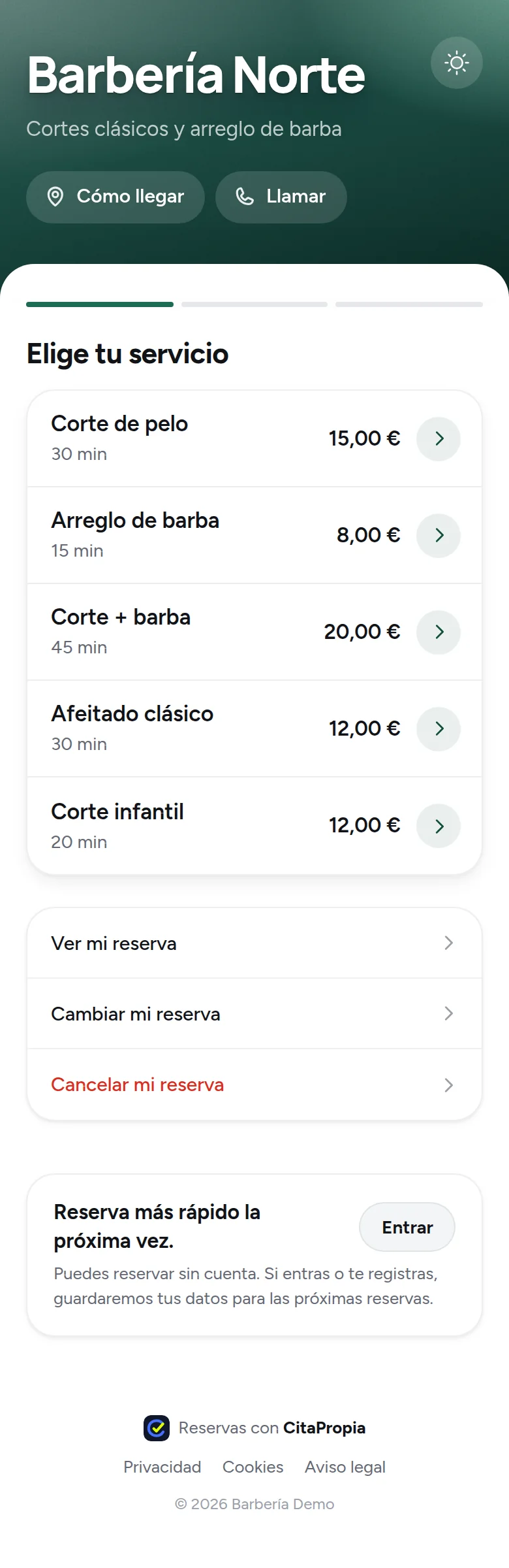 Ejemplo de web de reservas de una barbería en un móvil: portada con el nombre del negocio y lista de servicios con duración y precio