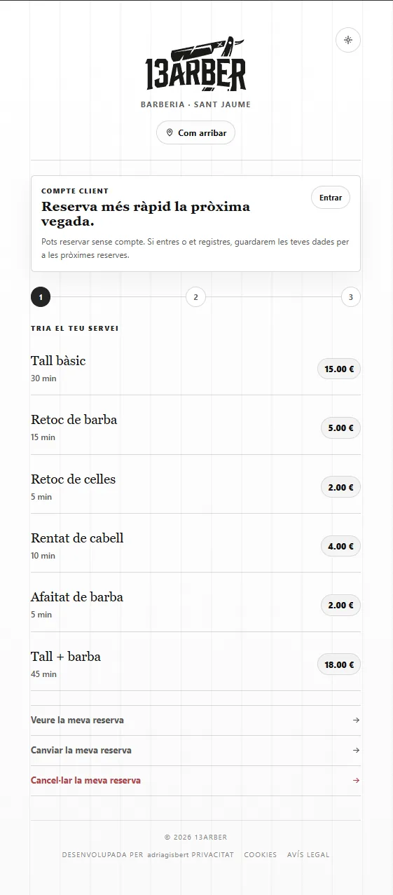 Web de reservas de la barbería 13arber en un móvil: lista de servicios con duración y precio